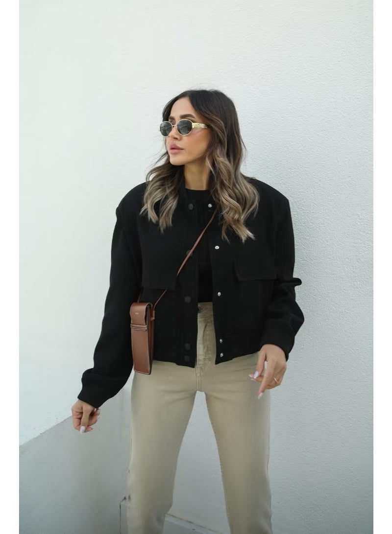 Havos Black Wide Pocket Bomber Jacket - Image 2